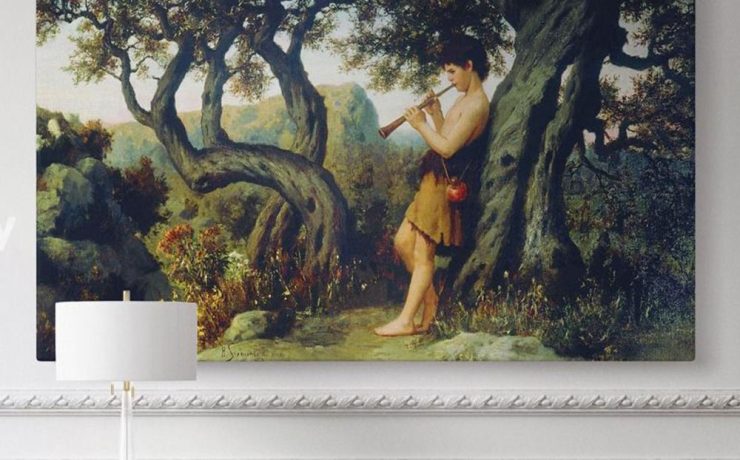 Classic interior with black and gold console table and lamp, featuring Henryk Siemiradzki’s art print of a forest musician scene.