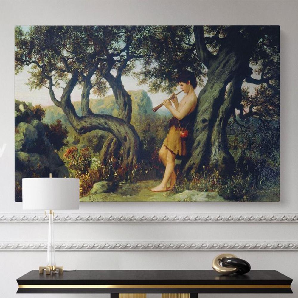 Classic interior with black and gold console table and lamp, featuring Henryk Siemiradzki’s art print of a forest musician scene.