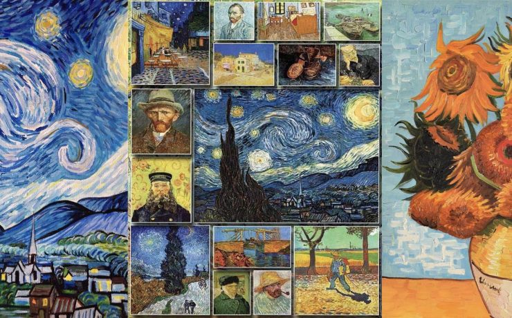 Collage of Vincent Van Gogh paintings showcasing his unique style and techniques, including Starry Night and Sunflowers.
