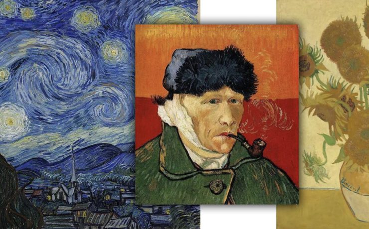 Collage of Vincent Van Gogh’s iconic paintings including Starry Night and Sunflowers, exemplifying Post-Impressionism style and color.
