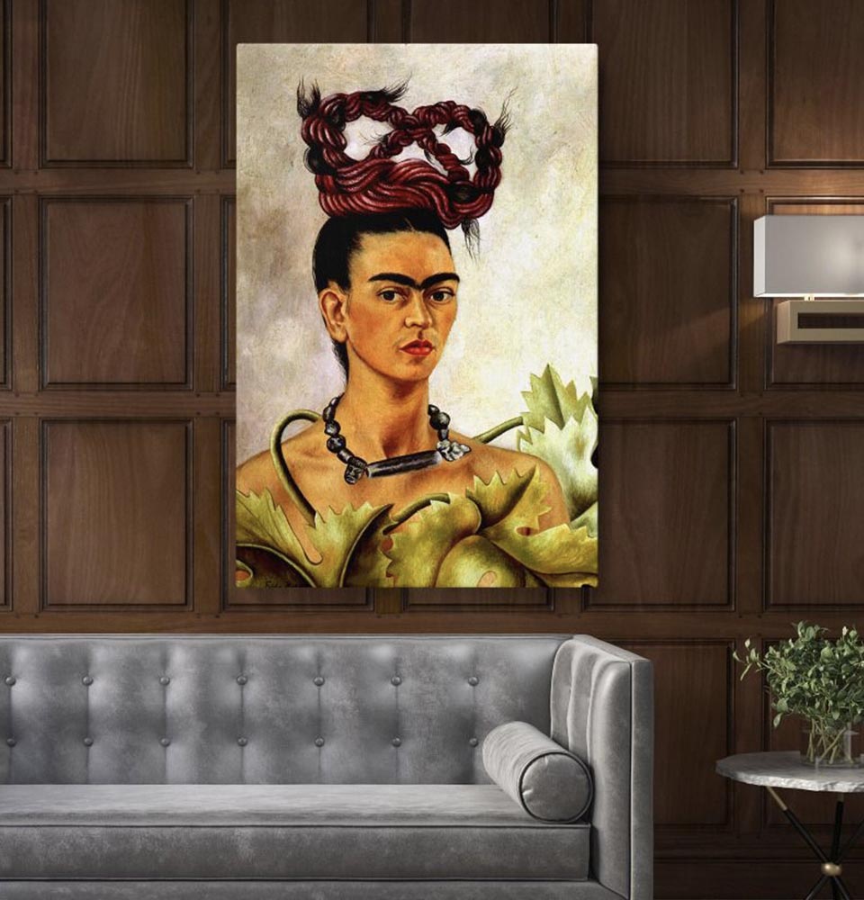 elegant-interior-with-tufted-grey-sofa-and-dark-wood-paneling-featuring-vibrant-frida-kahlo-wall-art-above-the-seating-area Elegant interior with tufted grey sofa and dark wood paneling, featuring vibrant Frida Kahlo Wall Art above the seating area.