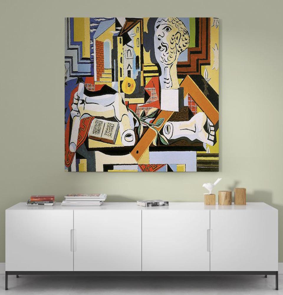 modern-interior-with-white-sideboard-and-decorative-items-showcasing-picasso-s-cubist-art-painting-print-on-a-light-green-wall Modern interior with white sideboard and decorative items, showcasing Picasso’s Cubist Art painting print on a light green wall.