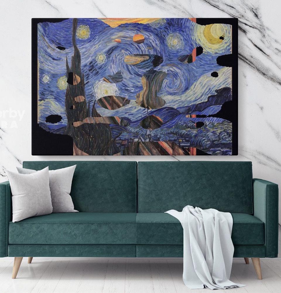 modern-living-room-with-green-sofa-and-marble-wall-featuring-a-distorted-version-of-van-gogh-s-starry-night-as-wall-art Modern living room with green sofa and marble wall, featuring a distorted version of Van Gogh’s Starry Night as wall art.