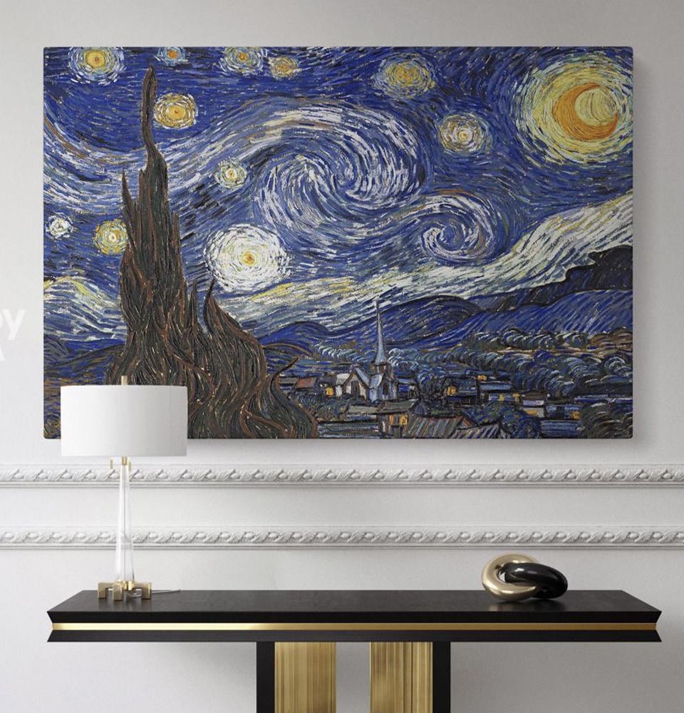 modern-room-with-black-and-gold-console-table-and-white-lamp-showcasing-van-gogh-s-starry-night-painting-on-the-wall Modern room with black and gold console table and white lamp, showcasing Van Gogh’s Starry Night painting on the wall.