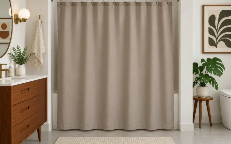 Beige bathroom interior with a wooden vanity, shower curtain and framed botanical artwork on the wall beside a leafy plant.