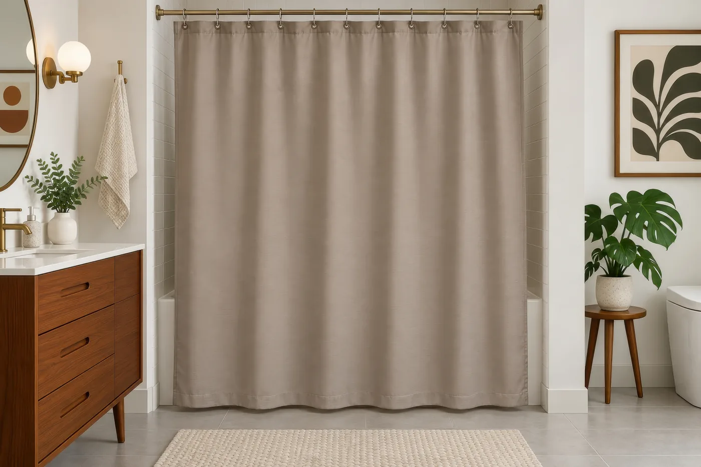 Beige bathroom interior with a wooden vanity, shower curtain and framed botanical artwork on the wall beside a leafy plant.