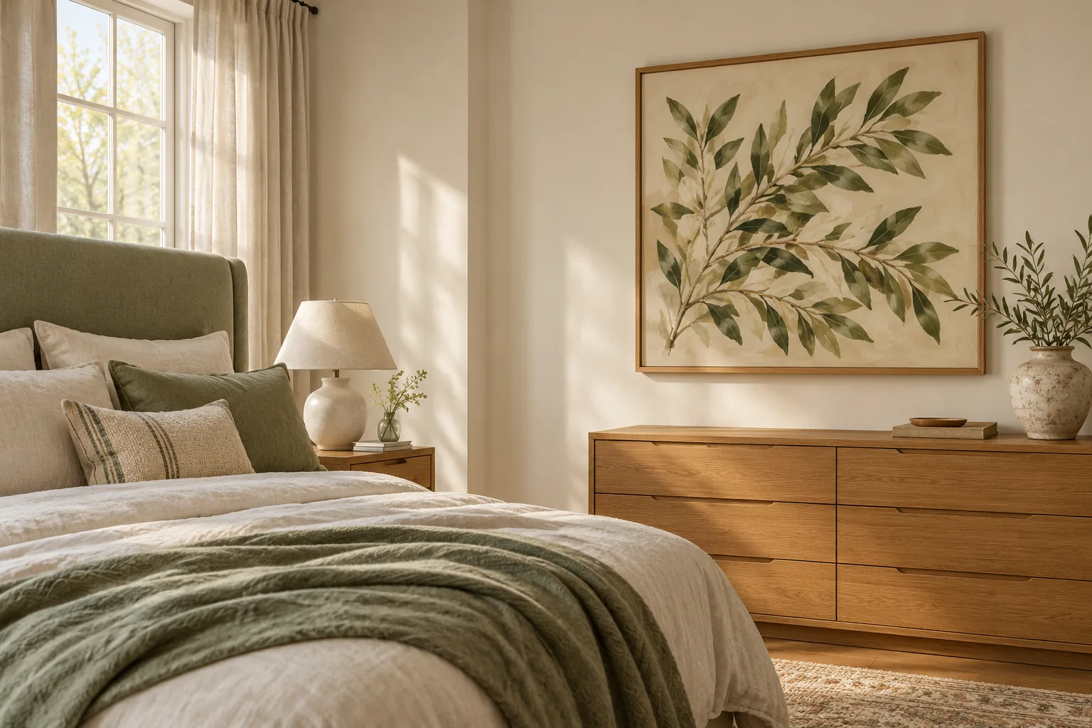 Framed green botanical artwork above an oak dresser beside a bed with a sage upholstered headboard and cream linen bedding.