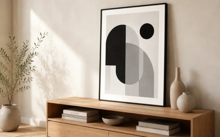 Finished black, white and grey abstract artwork in a slim black frame on an oak sideboard beside a leafy plant and ceramic vases.