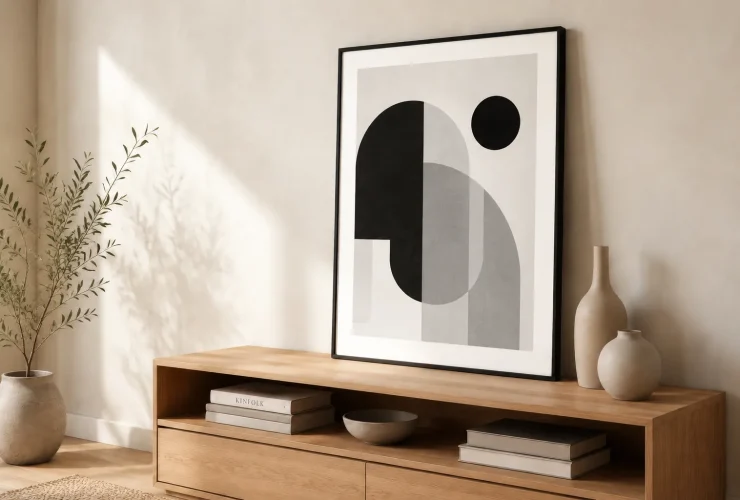 Finished black, white and grey abstract artwork in a slim black frame on an oak sideboard beside a leafy plant and ceramic vases.