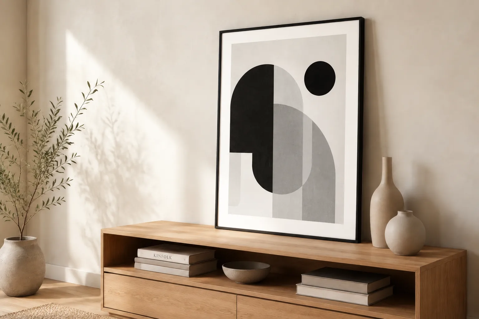 Finished black, white and grey abstract artwork in a slim black frame on an oak sideboard beside a leafy plant and ceramic vases.