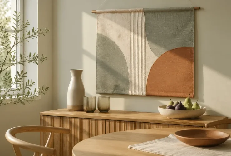 Finished sage, cream and terracotta abstract wall hanging above a wooden sideboard beside a dining table and chairs.