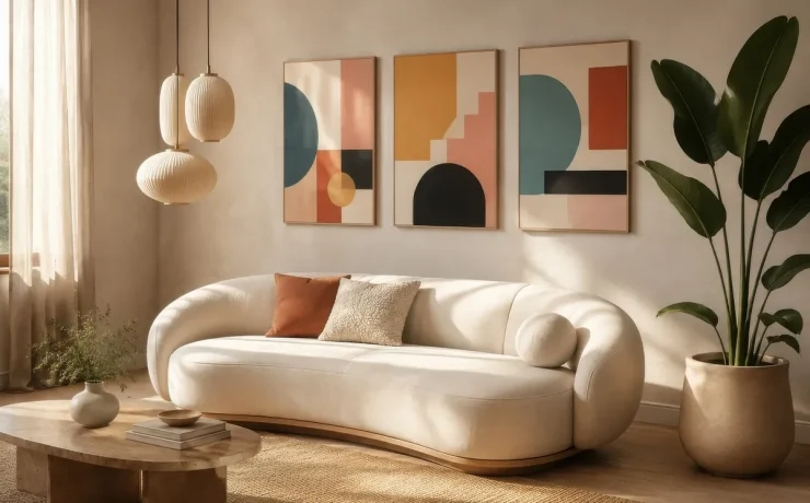Three framed geometric abstract prints in muted teal, ochre and terracotta above a cream sofa.