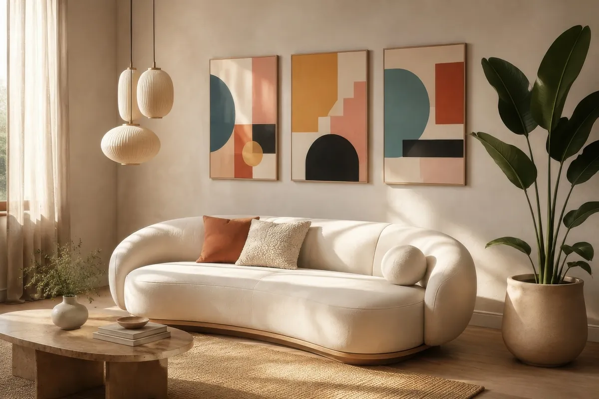 Three framed geometric abstract prints in muted teal, ochre and terracotta above a cream sofa.