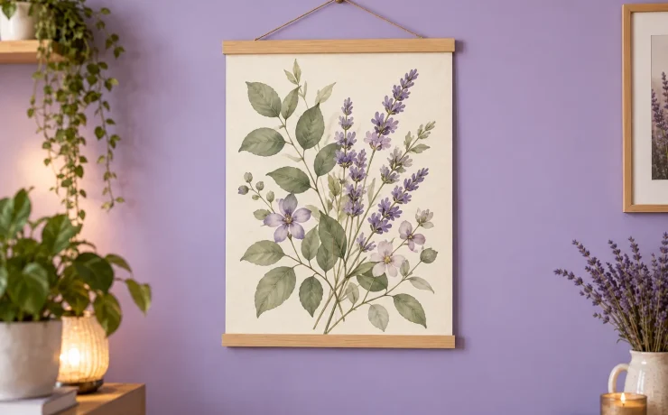 Lavender wall with a finished sage-green and lilac botanical poster in a wooden hanger, surrounded by plants and warm wood.