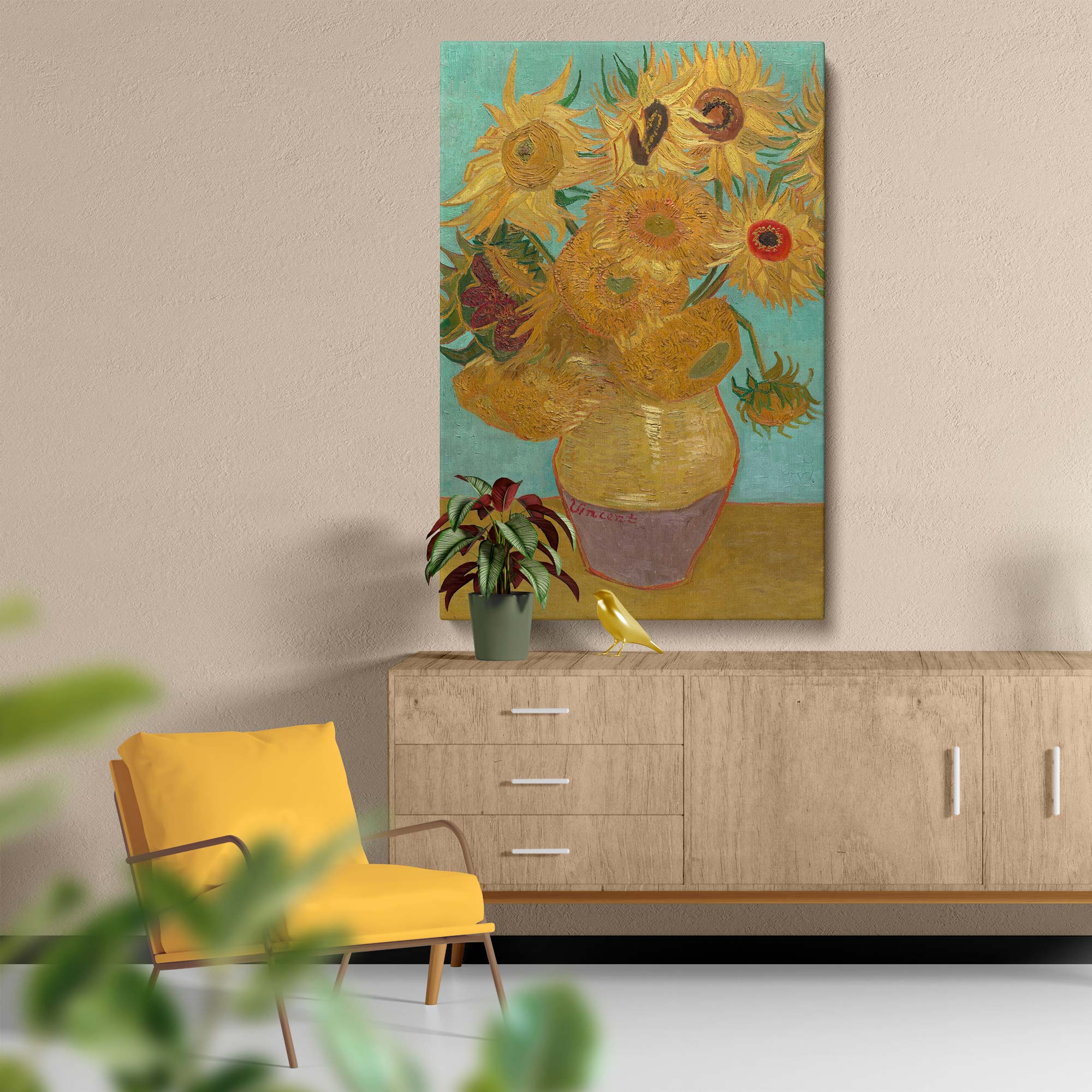 Vase with Twelve Sunflowers - Yellow and Turquoise Floral Painting By Vincent van Gogh