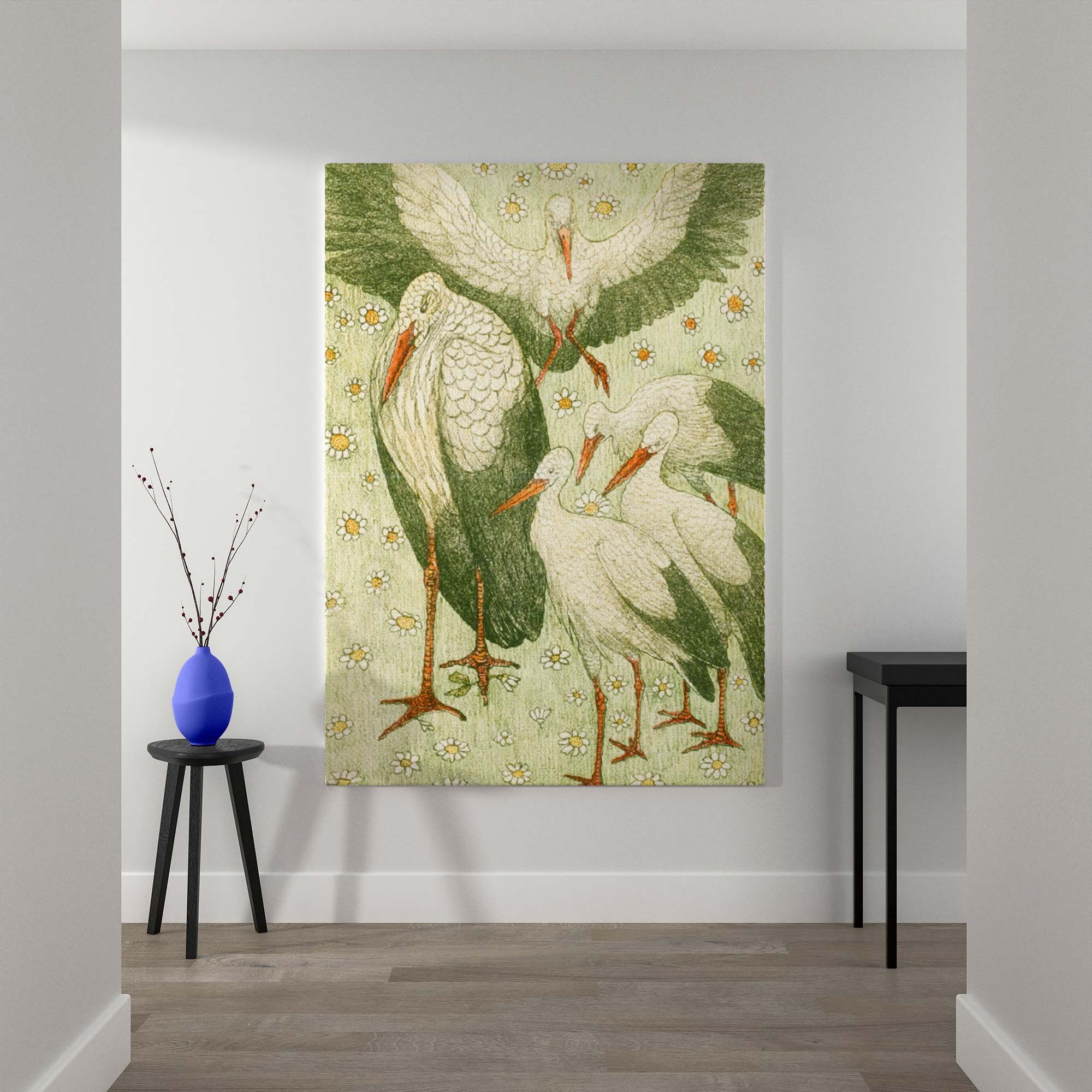Five Storks in a Meadow - Vintage Birds with Daisies By Theo van Hoytema