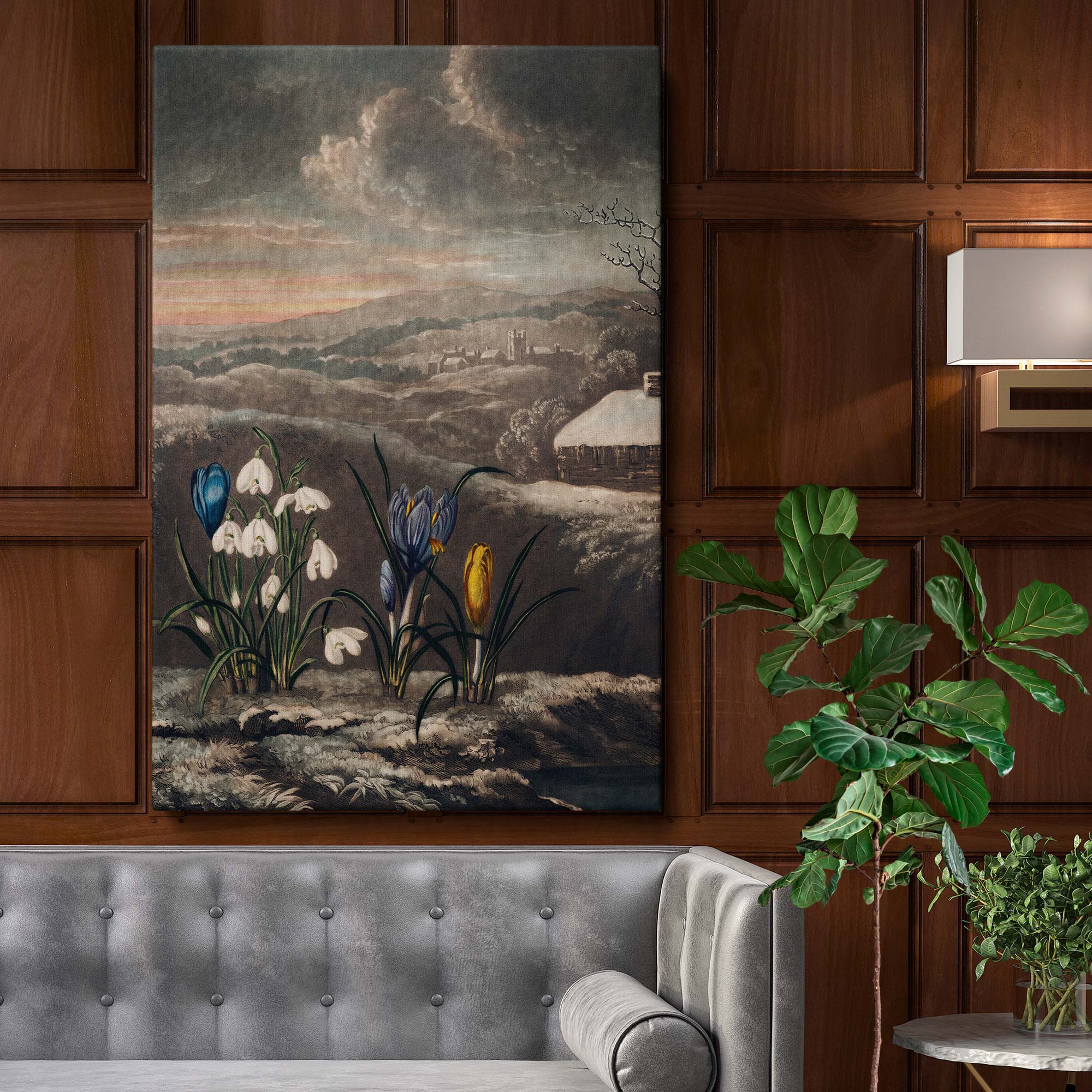 The Snowdrops - Botanical Flowers and Scenic Background By Robert John Thornton