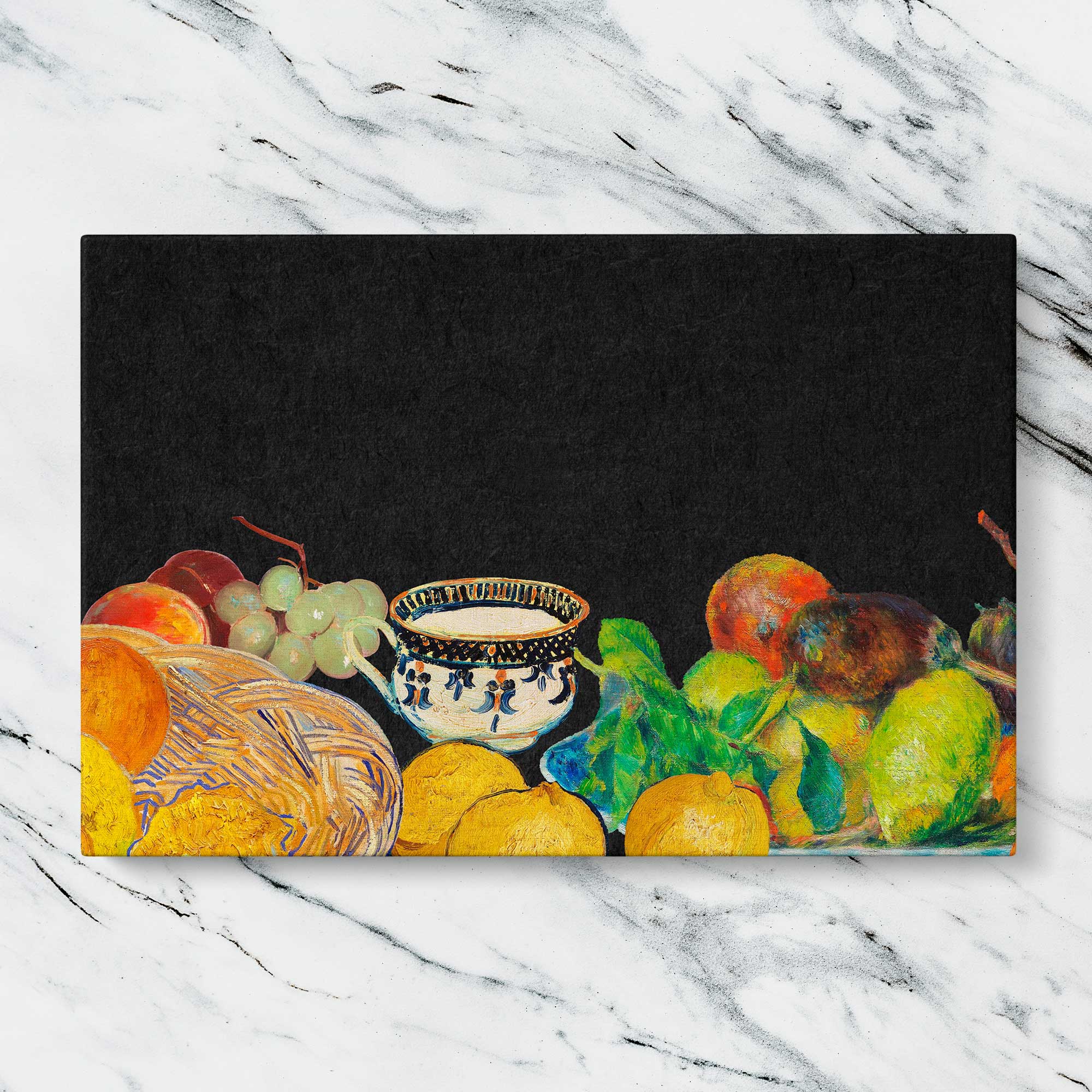 Fruit and Teacup on Black Canvas Wall Art Print