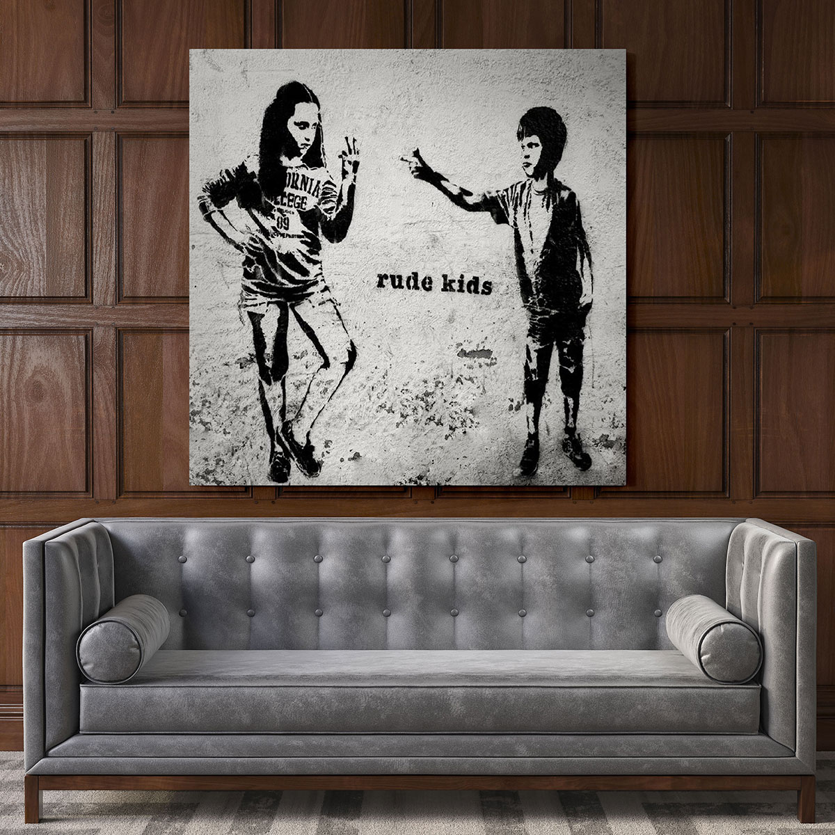 Banksy-style Rude Kids framed canvas