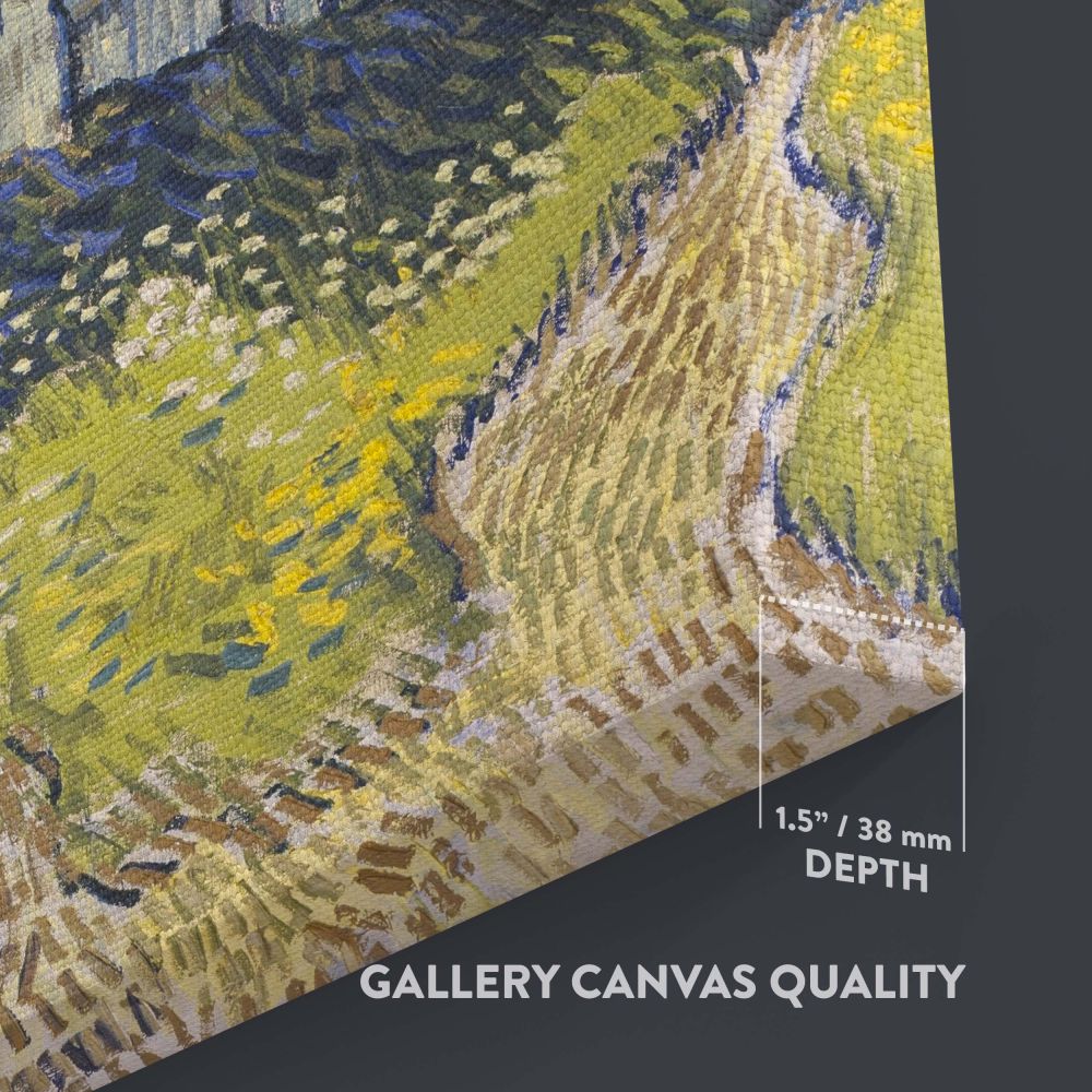 The Church at Auvers by Vincent van Gogh, painted in 1890, displays expressive brushstrokes with intense blues, greens, and yellows. The gothic church stands tall amidst a lively natural setting, with pathways leading through wildflowers and grass.