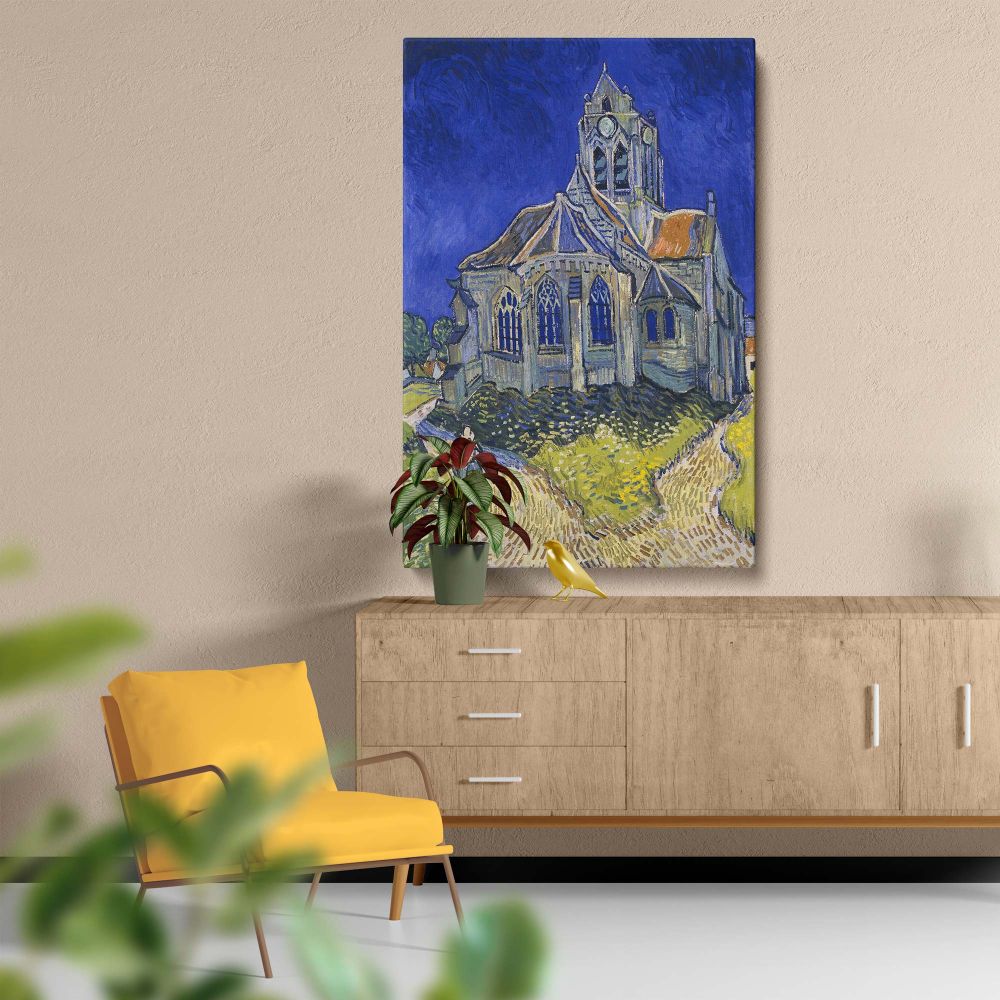 Vincent van Gogh's The Church at Auvers (1890) showcases a serene countryside scene. The gothic church stands amidst vibrant greenery, and the blue skies contrast beautifully with the earthy tones of the cobblestone paths and wildflower-filled fields.