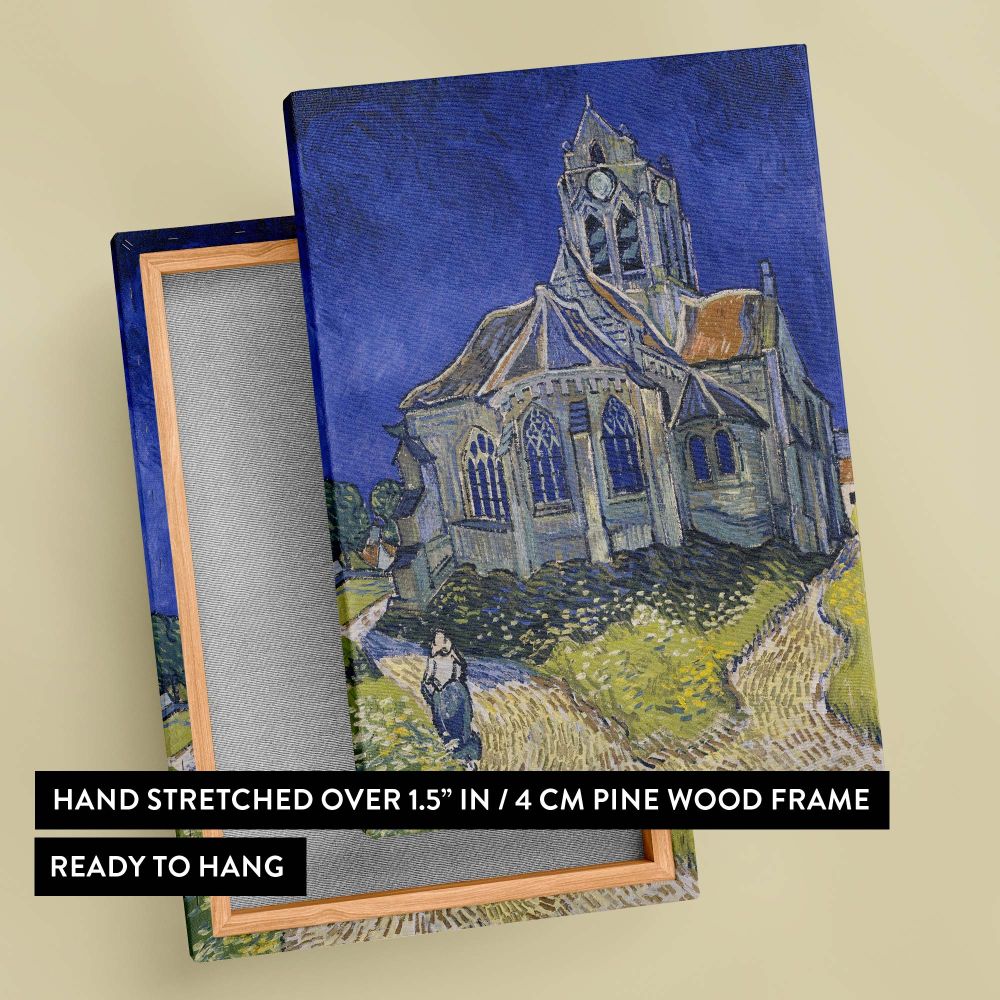 The Church at Auvers, painted by Vincent van Gogh in 1890, depicts a gothic church amidst swirling skies and vibrant foliage. The detailed paths and lush wildflowers bring harmony and movement to this lively impressionist portrayal of rural France.