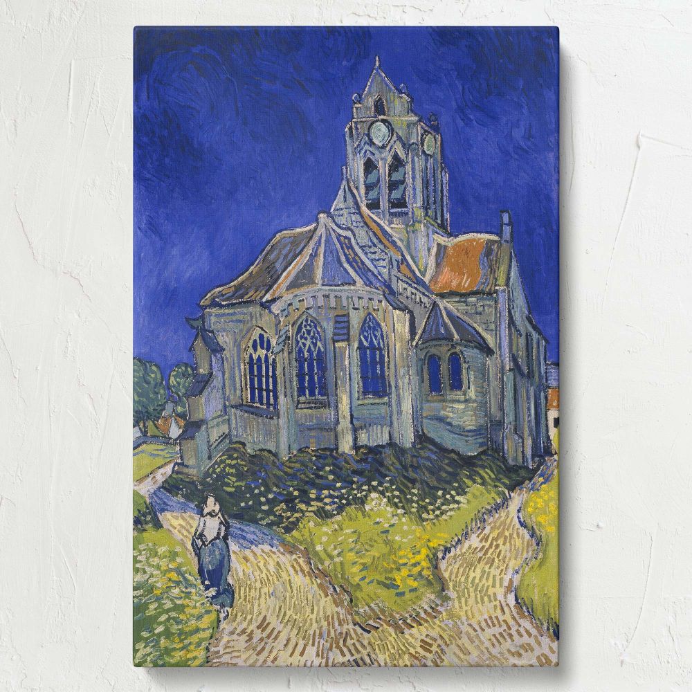 A masterpiece of post-impressionism, Vincent van Gogh's The Church at Auvers from 1890 depicts a countryside scene with a striking blue sky, vibrant green fields, and intricate church details, showcasing his bold use of color and dynamic brushwork.