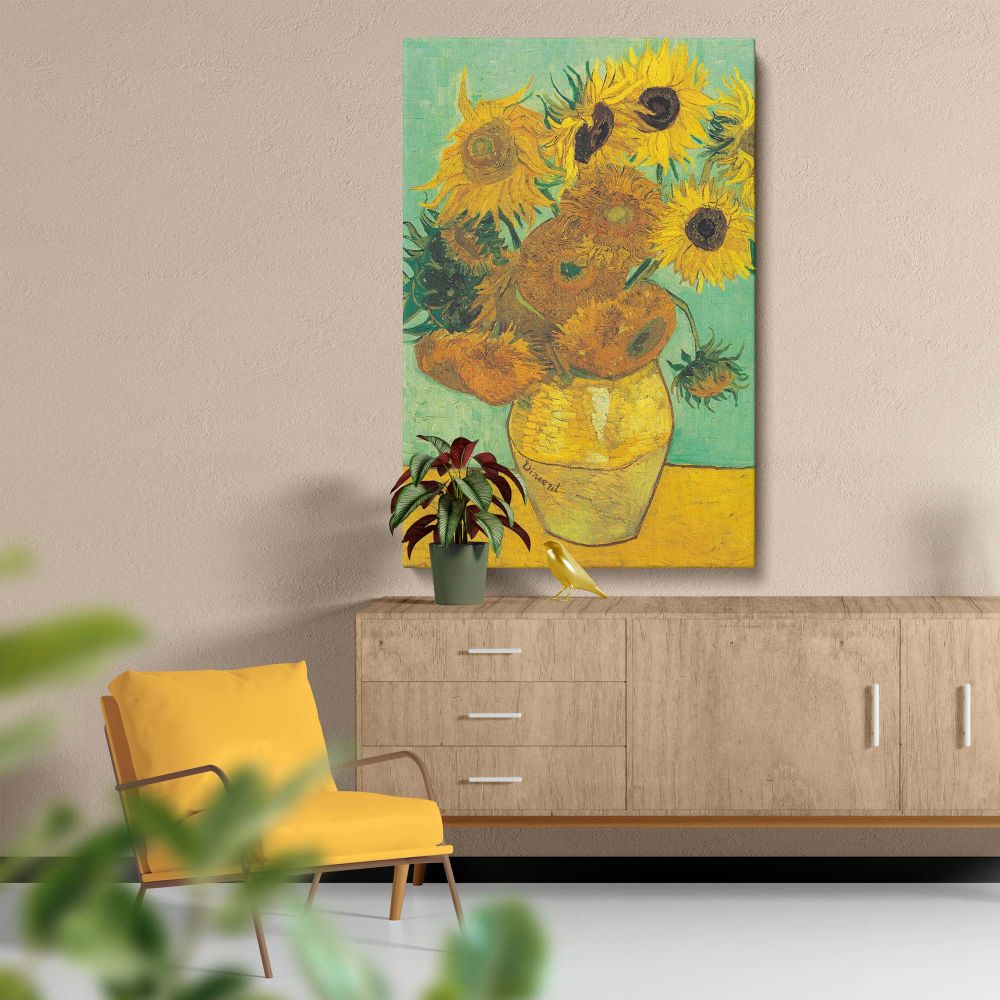 Van Gogh's renowned Vase with Twelve Sunflowers artwork, completed in 1888-1889, shows yellow sunflowers in various bloom stages arranged in a vibrant yellow vase against a turquoise background with textured brushstrokes.