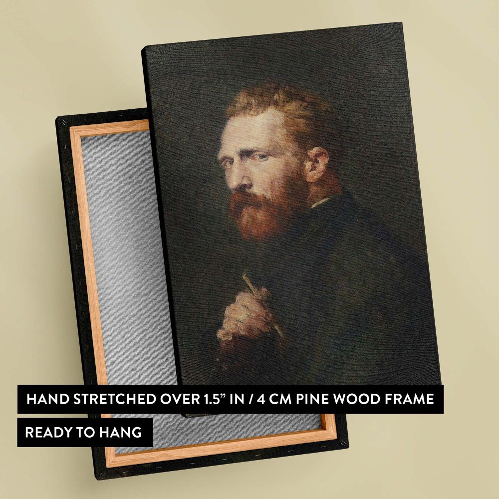 A beautifully crafted painting of Vincent van Gogh by John Russell, dated 1886, illustrating the artist's thoughtful expression, his fiery red beard and piercing eyes standing out dramatically against the dark, textured background.