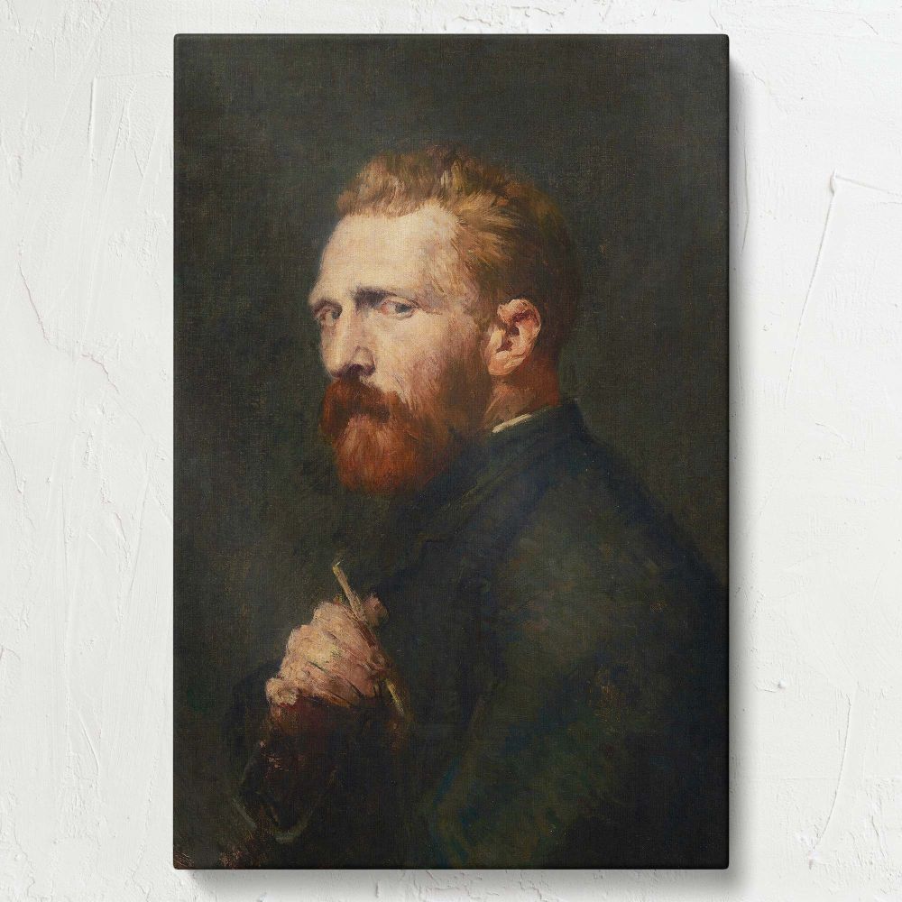 A historic 1886 portrait by John Russell, depicting Vincent van Gogh in intricate detail, with a bold red beard and sharp, contemplative gaze, his face illuminated against a textured dark backdrop that enhances the painting's depth.
