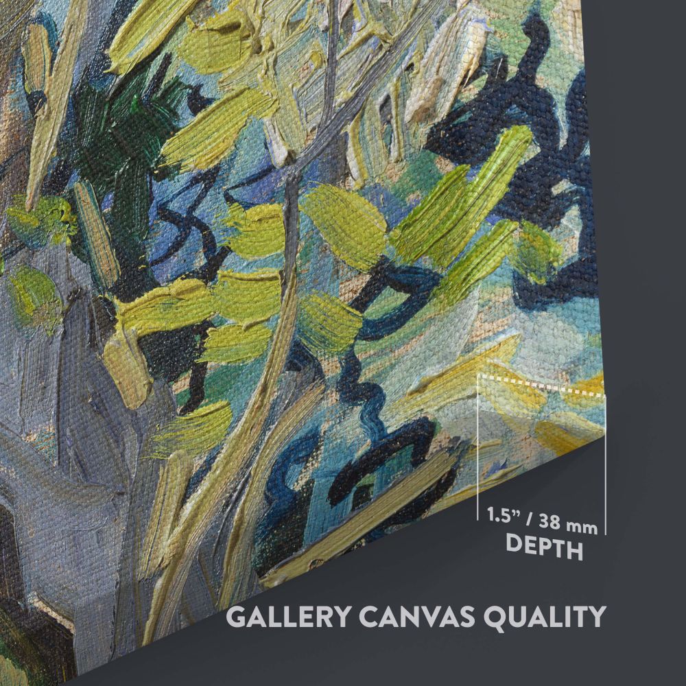 Vincent van Gogh's 1890 Blossoming Acacia Branches painting showcases expressive strokes and a vibrant color palette, emphasizing nature's raw elegance on a canvas print, perfect for art enthusiasts seeking an iconic addition to their space.