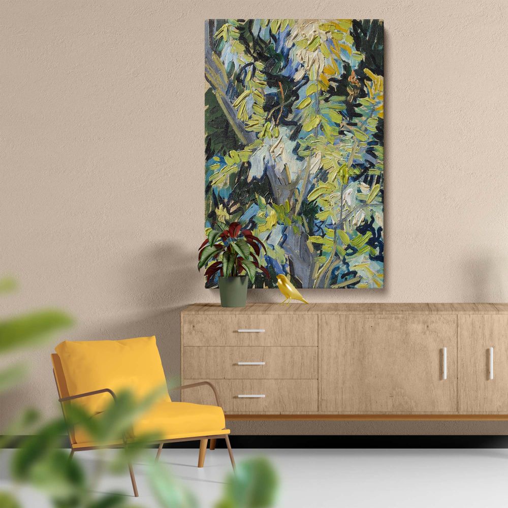 A masterpiece from 1890 by Vincent van Gogh, Blossoming Acacia Branches presents vivid green and yellow tones with striking brushstrokes, capturing the life and vibrancy of nature, reproduced on a beautiful wall canvas for art enthusiasts.