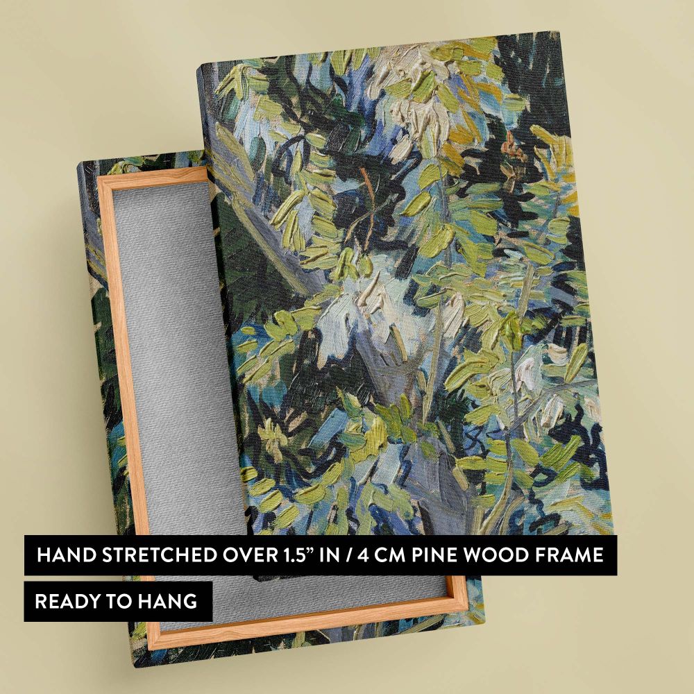 Capturing nature's vibrancy, Vincent van Gogh's Blossoming Acacia Branches (1890) features lush greenery painted with thick brushstrokes, providing a lively atmosphere on a premium wall canvas for elegant home and office decor.