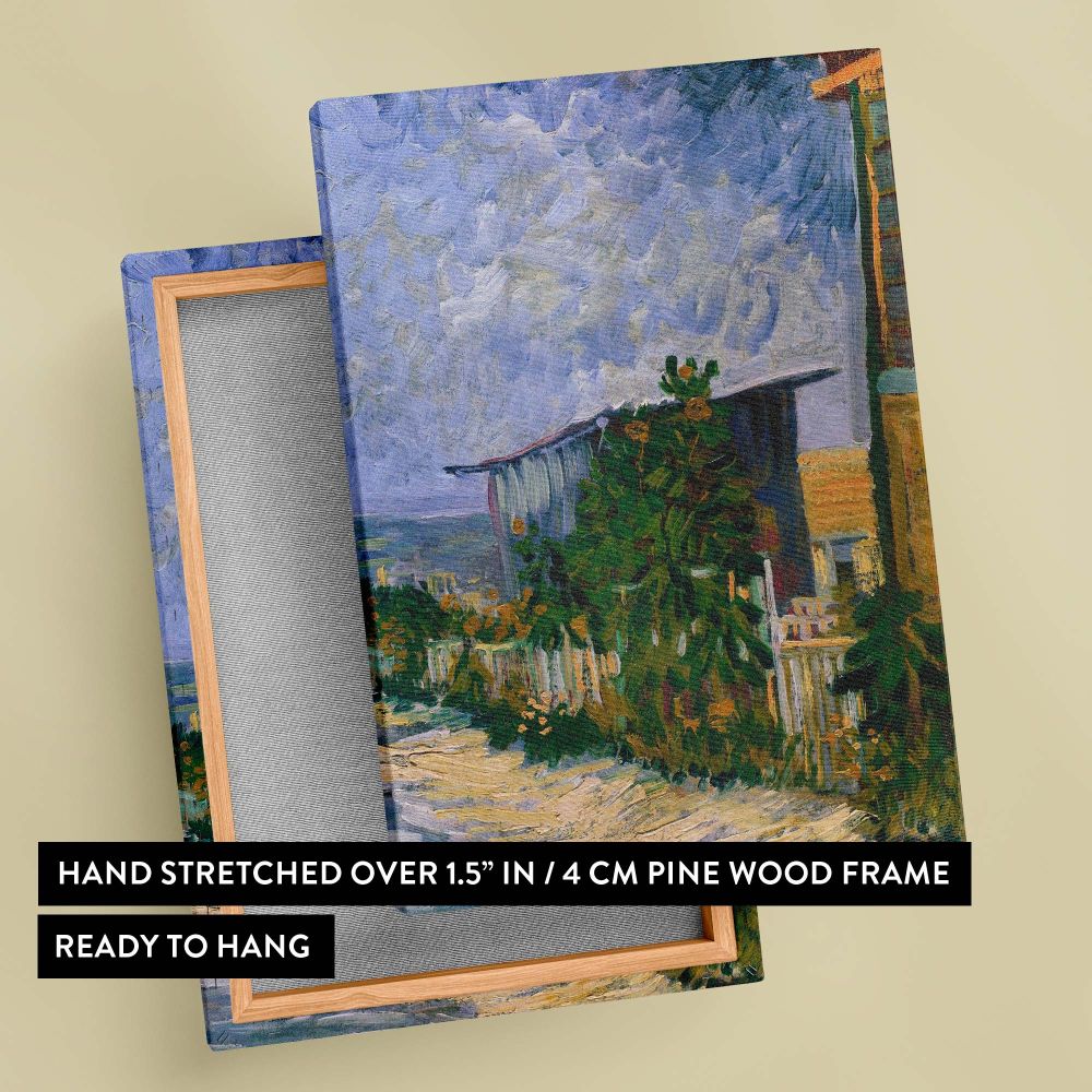 A captivating reproduction of Vincent van Gogh's 1887 Shelter on Montmartre featuring lush greenery, a rustic shelter, and swirling blue skies, perfect for adding a historical and artistic touch to modern interiors.