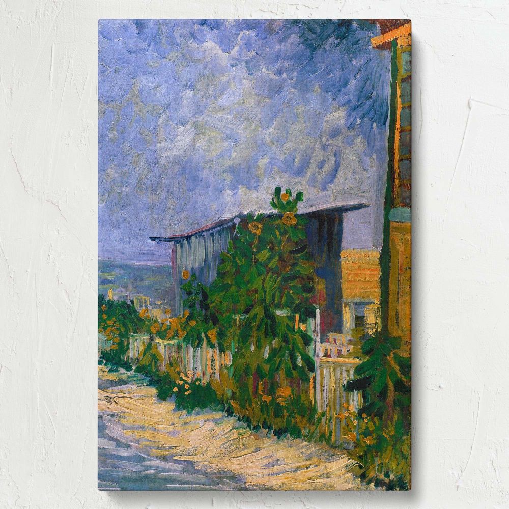 Stunning wall canvas of Vincent van Gogh's Shelter on Montmartre (1887) capturing a countryside scene with textured brushwork and vibrant tones, blending natural and rustic elements for a classic yet contemporary decor piece.