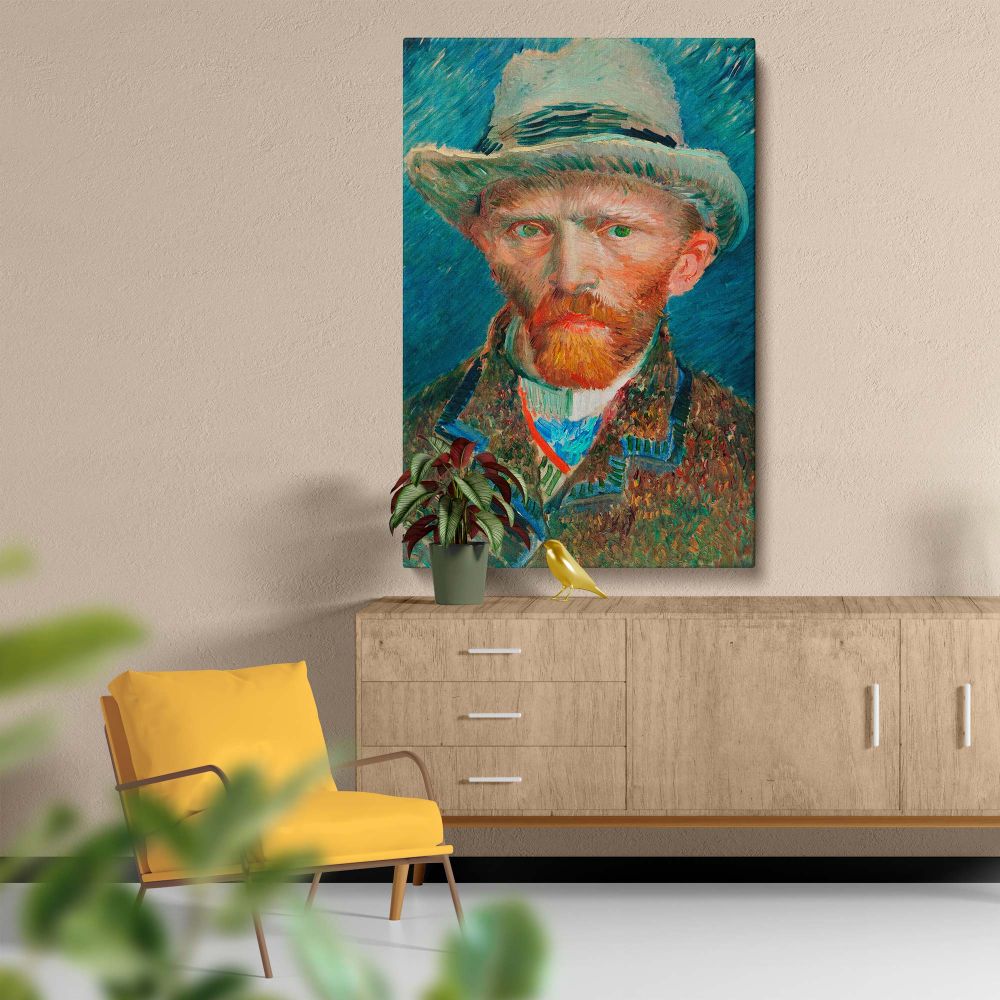 A detailed self-portrait of Vincent van Gogh from 1887, characterized by bold brushstrokes, vibrant colors, and an intense expression, capturing his enigmatic personality and artistic brilliance in this timeless post-impressionist artwork.