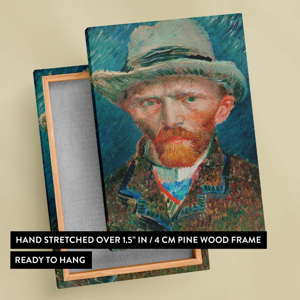 An 1887 self-portrait by Vincent van Gogh that showcases his piercing green eyes and textured brushstrokes, reflecting the essence of his innovative post-impressionist style and emotional intensity through a bold and colorful palette.