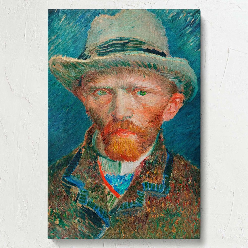 This 1887 self-portrait by Vincent van Gogh vividly portrays his intense gaze and textured clothing, with each bold brushstroke and vibrant color demonstrating his mastery of post-impressionism and his introspective nature.
