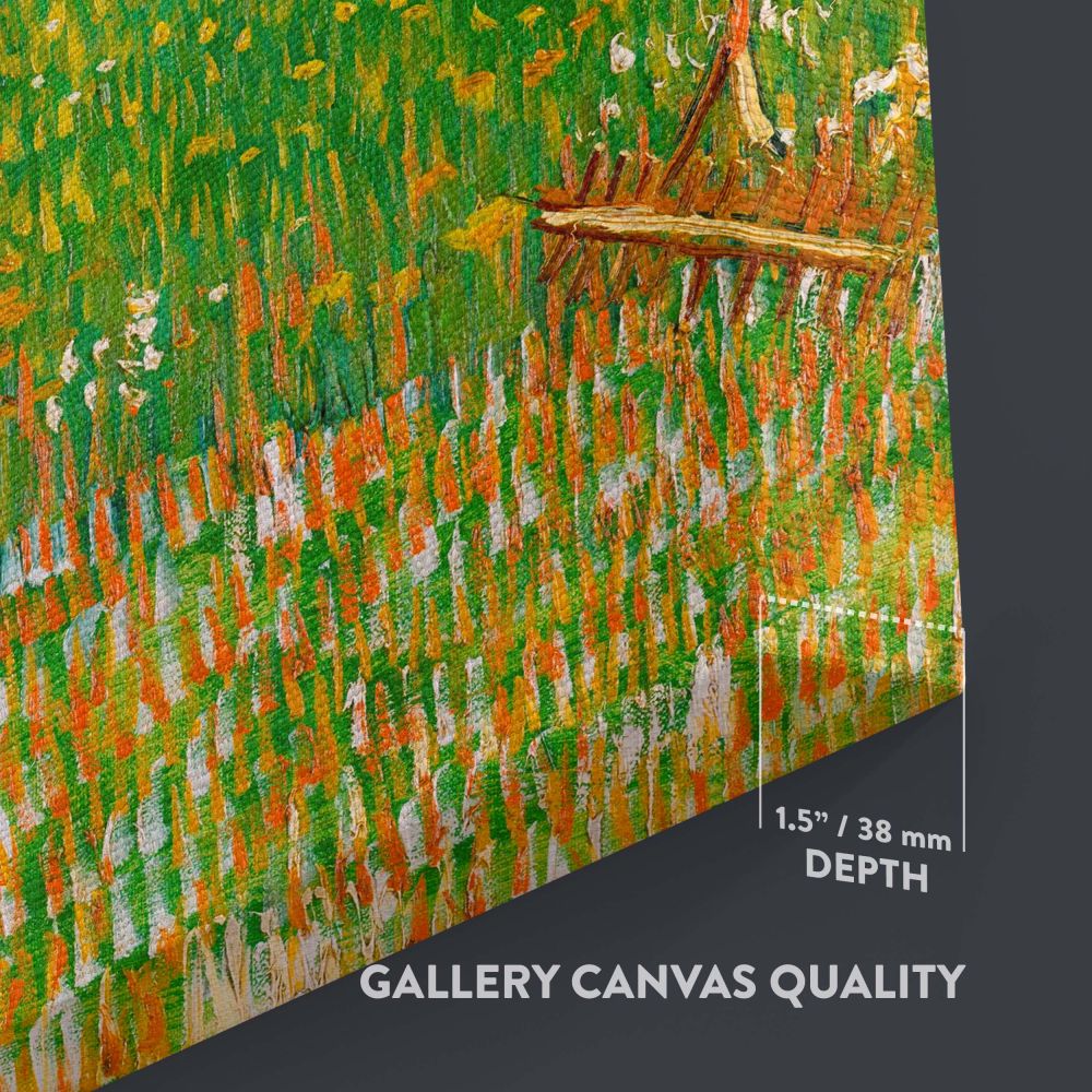 The Flowering Orchard by Vincent van Gogh, painted in 1888, highlights lush green grass and flowering trees with bold brushstrokes, vibrant colors, and exquisite detail, creating a lively post-impressionist masterpiece for wall art enthusiasts.