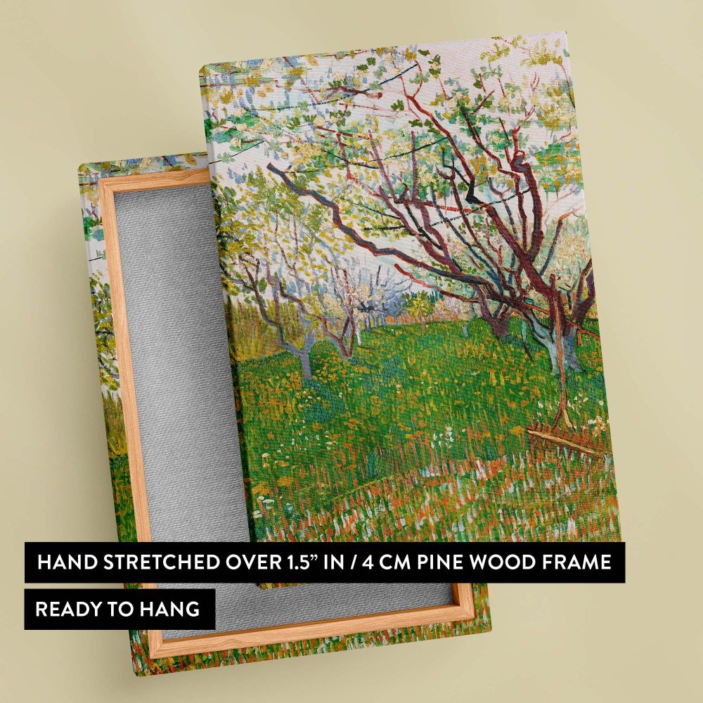 The Flowering Orchard by van Gogh (1888), featuring blooming spring trees with vibrant green grass, dynamic brushwork, and rich colors, is a stunning piece of post-impressionist art perfect for enhancing home or office spaces.