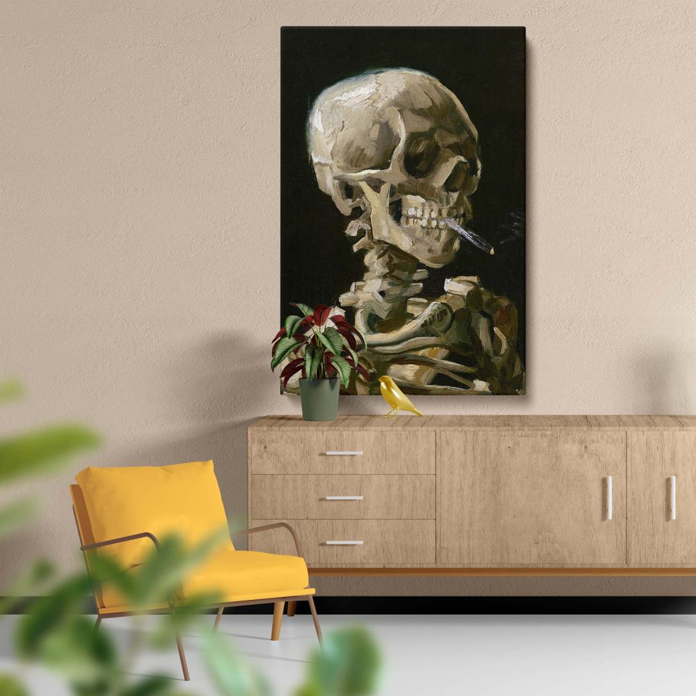 Van Gogh's 1886 painting Head of a Skeleton with a Burning Cigarette showcases a detailed skeleton against a dark background, blending macabre themes with an artistic twist, making it a perfect gothic art print for collectors or bold interior decor.