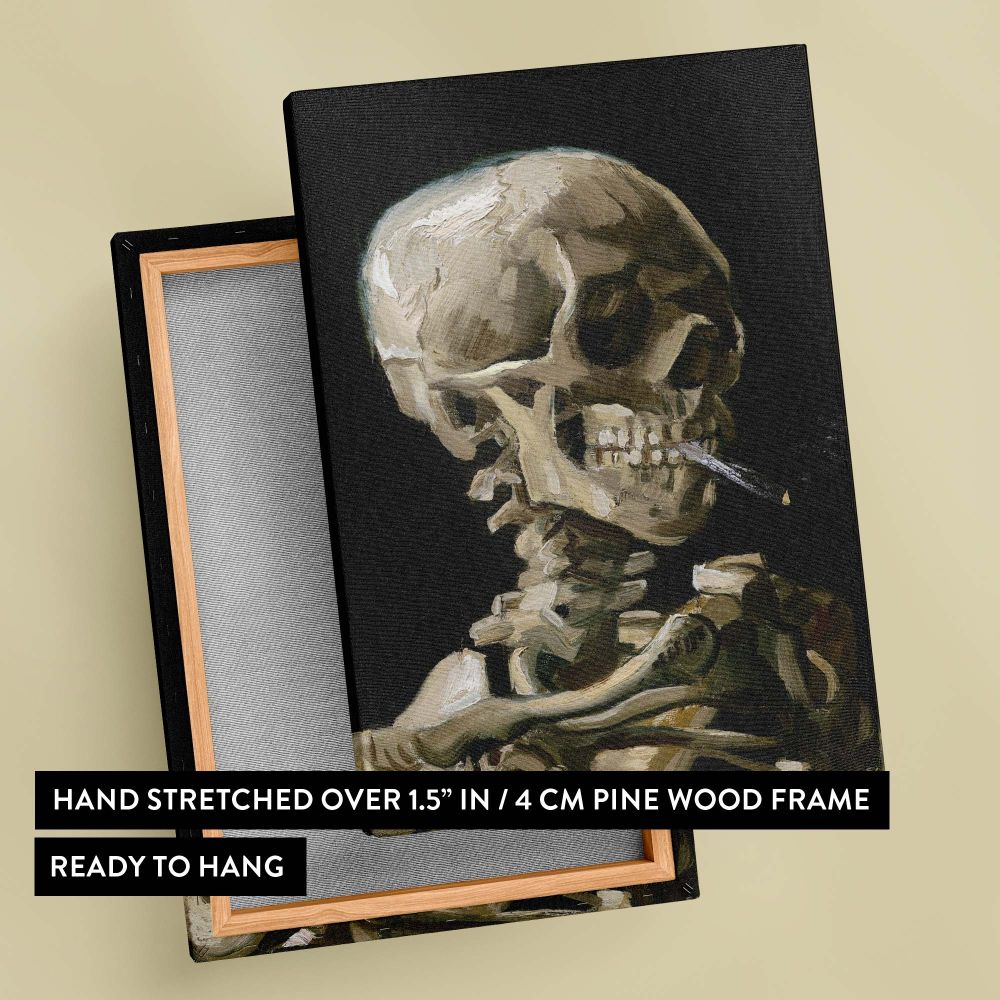 A detailed art canvas of Vincent van Gogh's Head of a Skeleton with a Burning Cigarette (1886), portraying a skeletal figure in striking contrast to its dark background, combining gothic aesthetics with classical art styles for unique wall decor.