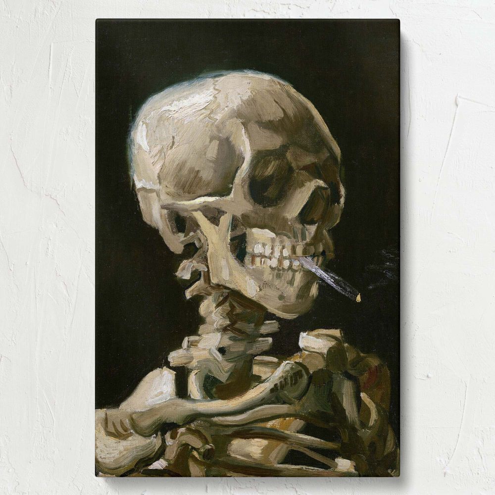 Head of a Skeleton with a Burning Cigarette by Vincent van Gogh, painted in 1886, features intricate brushwork and a haunting theme, making it an eye-catching and unconventional piece of aesthetic art for home or office wall decor.