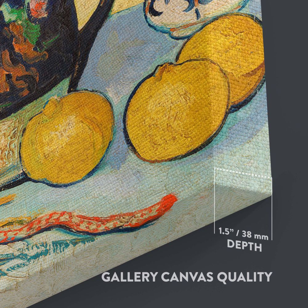 Vincent van Gogh's iconic Still Life (Nature Morte) from 1888 captures vivid flowers in a decorative vase with ripe fruits and a patterned teacup, presented on a blue surface against a sunny yellow background for a striking visual statement.