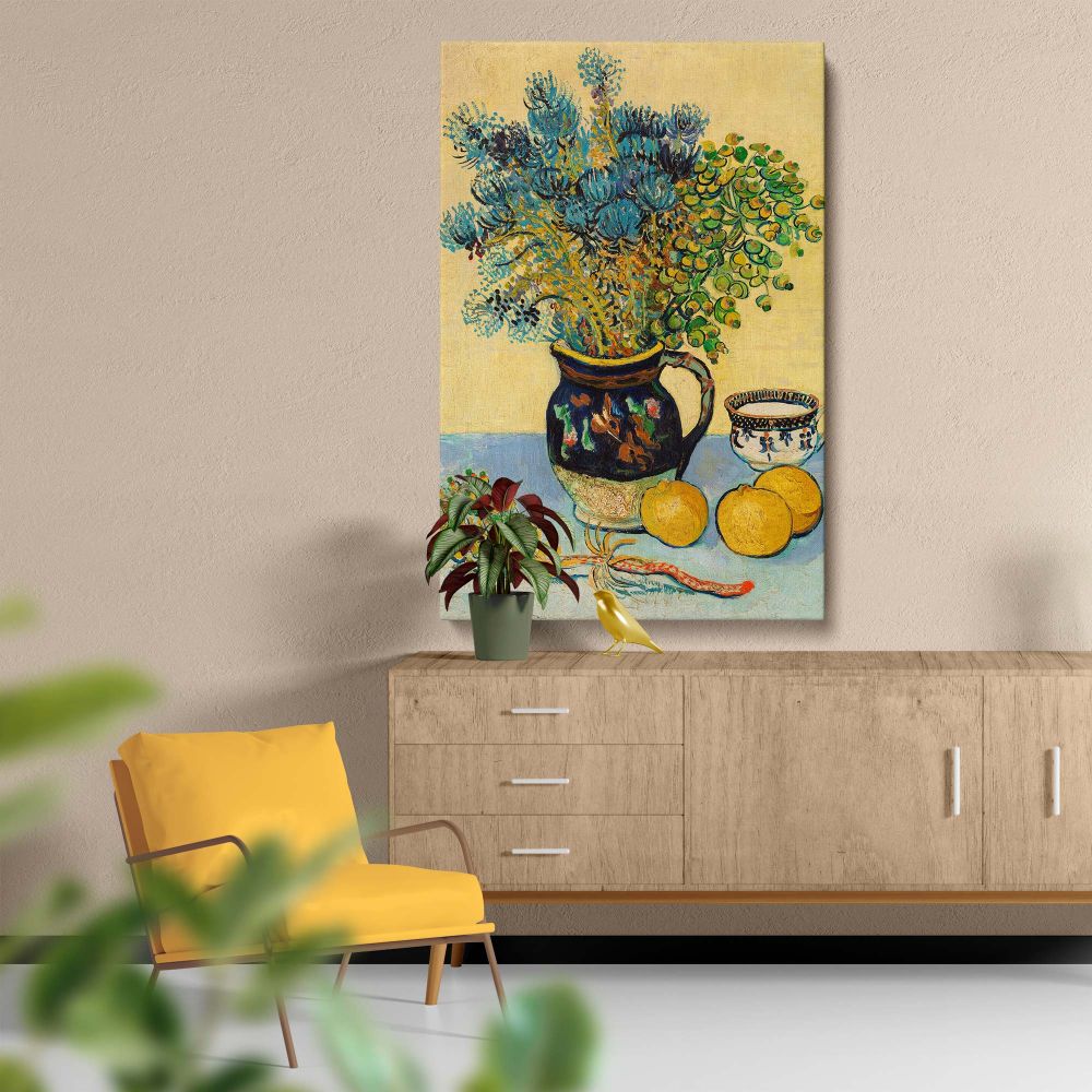 Vibrant art print of Vincent van Gogh's Still Life from 1888 displaying a floral arrangement in a decorative vase with accompanying fruits and teacup, all set on a bright, sunny background and created with bold, expressive brushstrokes.