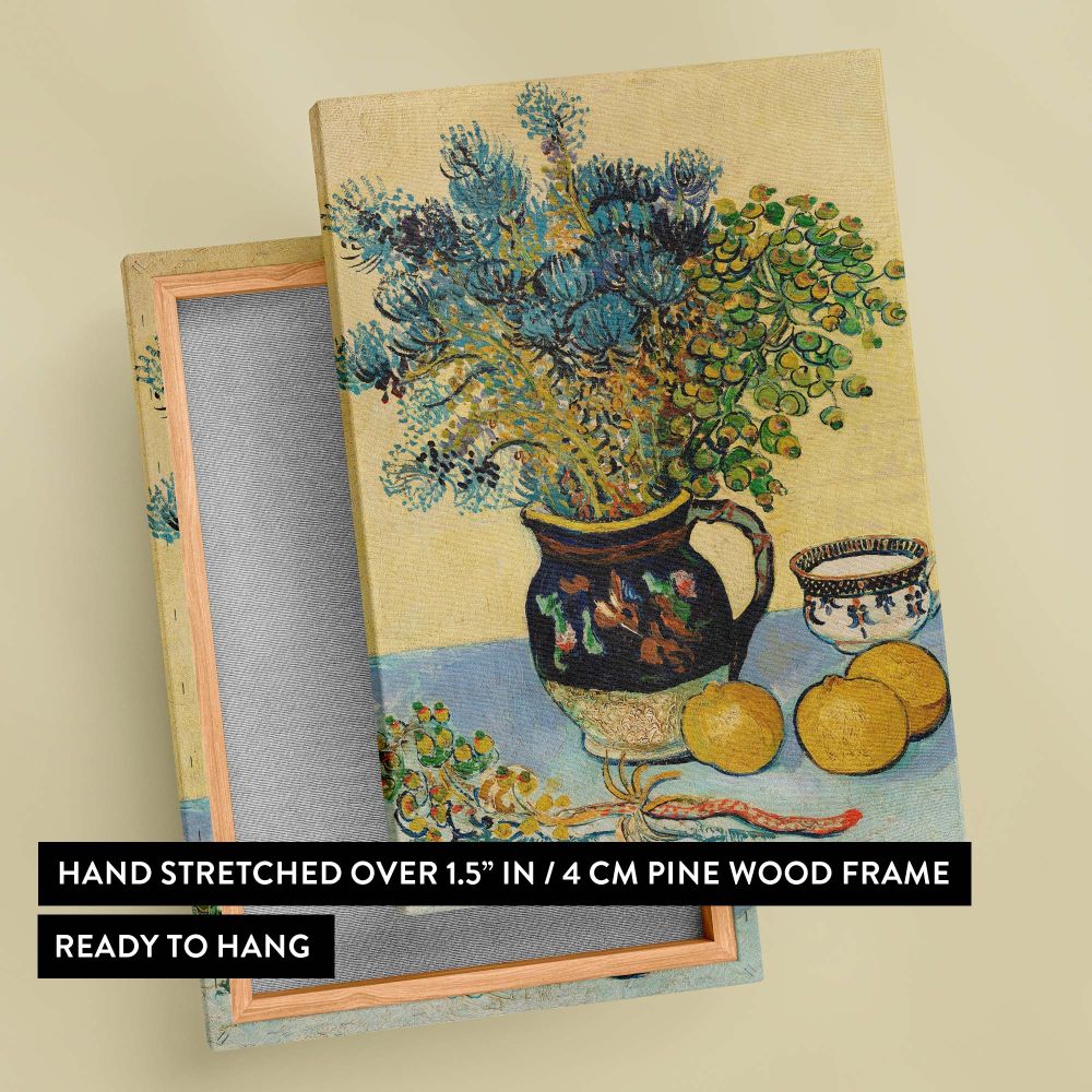 Van Gogh's Still Life (Nature Morte) painted in 1888 showcasing lush floral arrangements and fruit with elegant ceramic details, brought to life with dynamic strokes and vivid contrasts of yellow, blue, and green tones for stunning wall art.