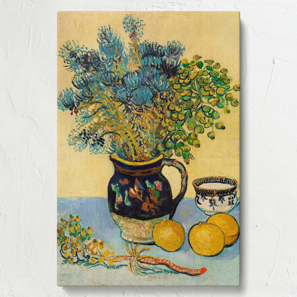 Exquisite wall canvas reproduction of Van Gogh's 1888 Still Life, highlighting intricate floral patterns, a decorative ceramic vase, and fruits that create a timeless masterpiece of vibrant color and artistic expression.