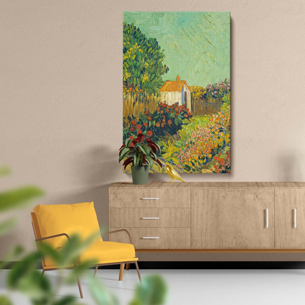 A countryside-themed painting inspired by Vincent van Gogh showcasing a white cottage surrounded by red and orange flowers, lush plants, and bright green foliage under a vibrant textured sky. This piece reflects tranquility and artistic brilliance.