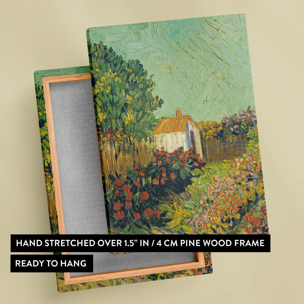 An expressive landscape painting with a rustic white house surrounded by vivid flower gardens and rich greenery, created in an artistic style mimicking Vincent van Gogh, with bold strokes and textured detail perfect for home decor.