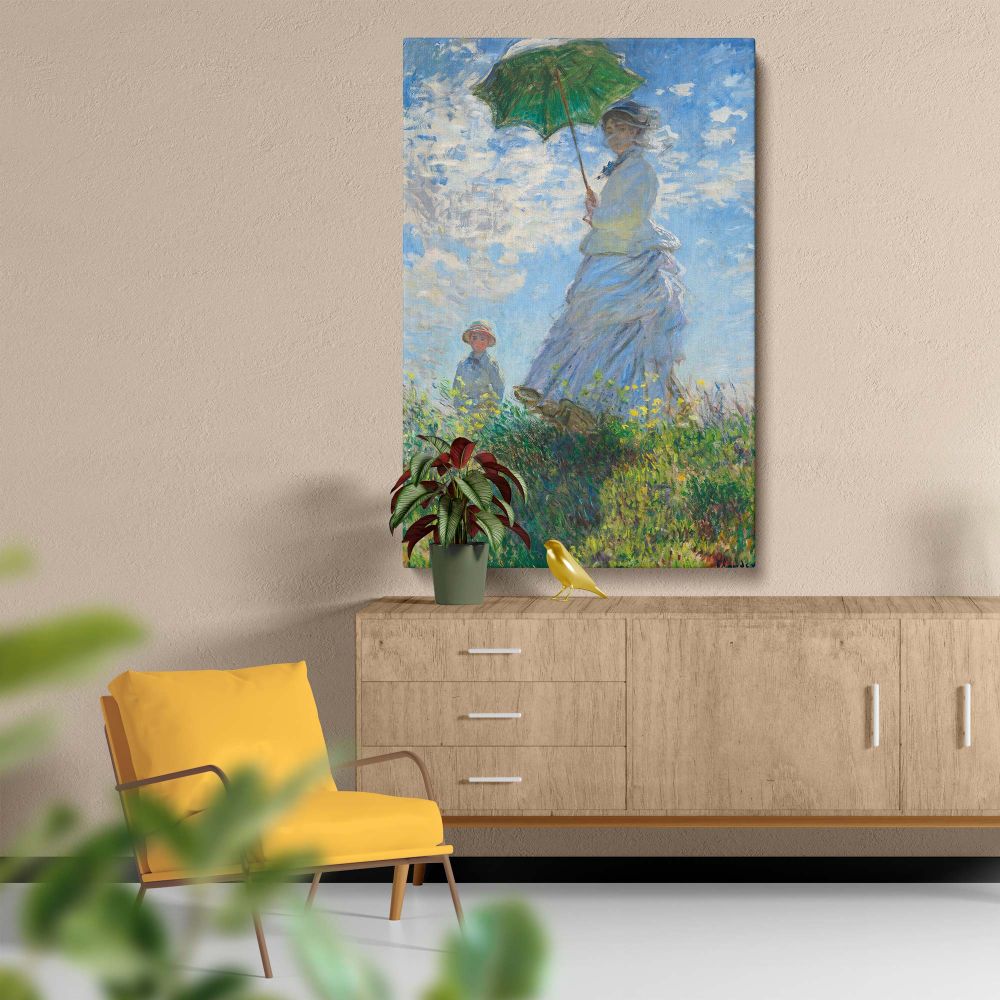 Impressionist masterpiece by Claude Monet depicting Madame Monet and her young son in a breezy summer field with sunlight streaming over wildflowers, with a vibrant blue sky and the delicate folds of a parasol enhancing the natural tranquility.